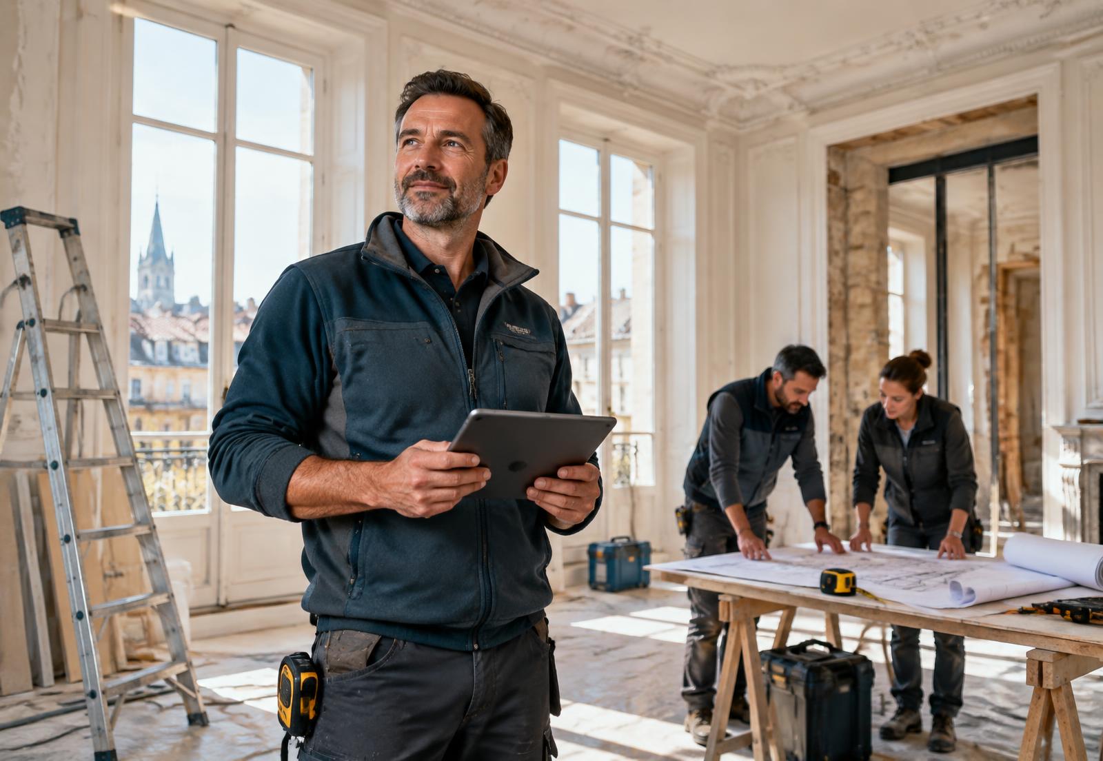 Artisan pilotant son chantier avec Chantier Zen sur tablette