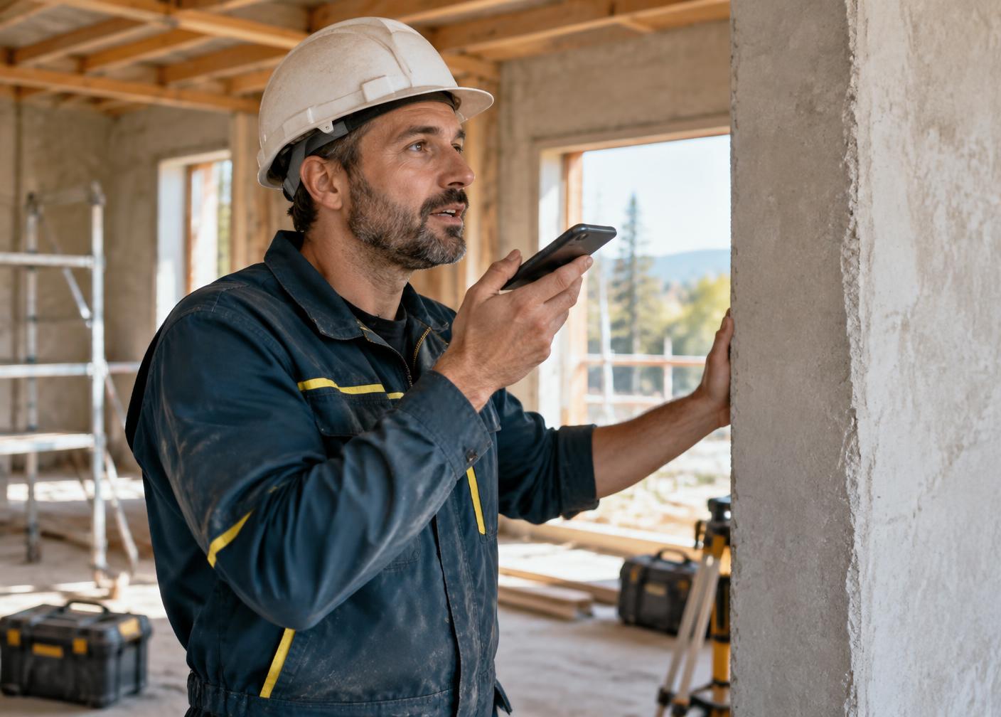Artisan utilisant la dictée vocale pendant une inspection de chantier